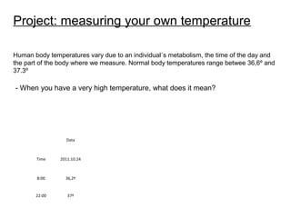 Project: measuring your own temperature
Human body temperatures vary due to an individual´s metabolism, the time of the day and
the part of the body where we measure. Normal body temperatures range betwee 36,6º and
37.3º

- When you have a very high temperature, what does it mean?

 

Data

 

 

 

 

 

 

Time

2011.10.24

 

 

 

 

 

 

8:00

36,2º

 

 

 

 

 

 

22:00

37º

 

 

 

 

 

 

 