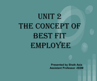 UNIT 2
THE CONCEPT OF
BEST FIT
EMPLOYEE
Presented by Shaik Asia
Assistant Professor -ISSM
 