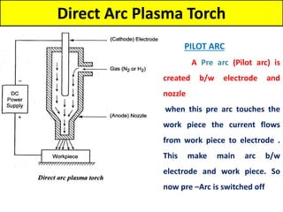 Direct Arc Plasma Torch
PILOT ARC
A Pre arc (Pilot arc) is
created b/w electrode and
nozzle
when this pre arc touches the
work piece the current flows
from work piece to electrode .
This make main arc b/w
electrode and work piece. So
now pre –Arc is switched off
 