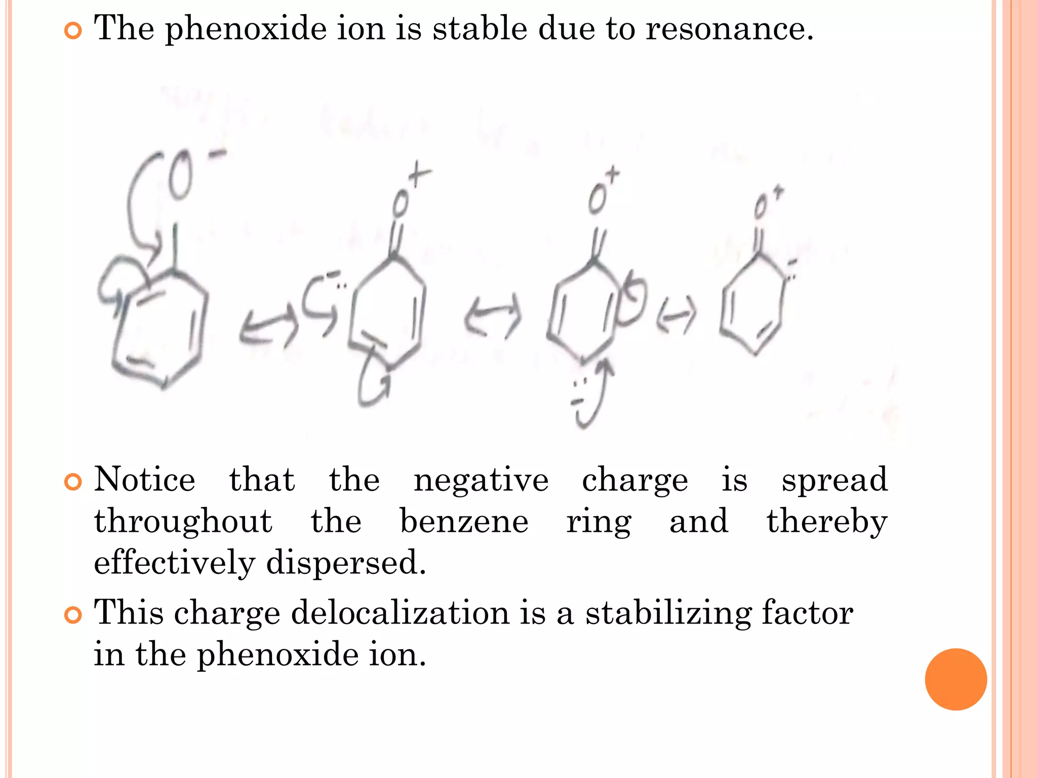  The phenoxide ion is stable due to resonance.
 Notice that the negative charge is spread
throughout the benzene ring and thereby
effectively dispersed.
 This charge delocalization is a stabilizing factor
in the phenoxide ion.
 