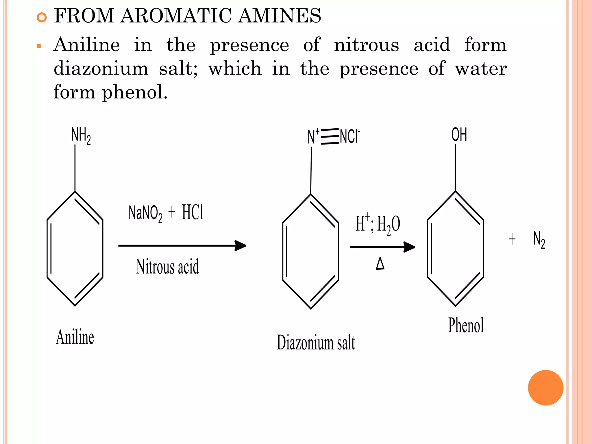  FROM AROMATIC AMINES
▪ Aniline in the presence of nitrous acid form
diazonium salt; which in the presence of water
form phenol.
 