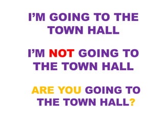 I’M GOING TO THE
TOWN HALL
I’M NOT GOING TO
THE TOWN HALL
ARE YOU GOING TO
THE TOWN HALL?
 