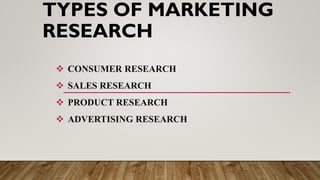 TYPES OF MARKETING
RESEARCH
❖ CONSUMER RESEARCH
❖ SALES RESEARCH
❖ PRODUCT RESEARCH
❖ ADVERTISING RESEARCH
 