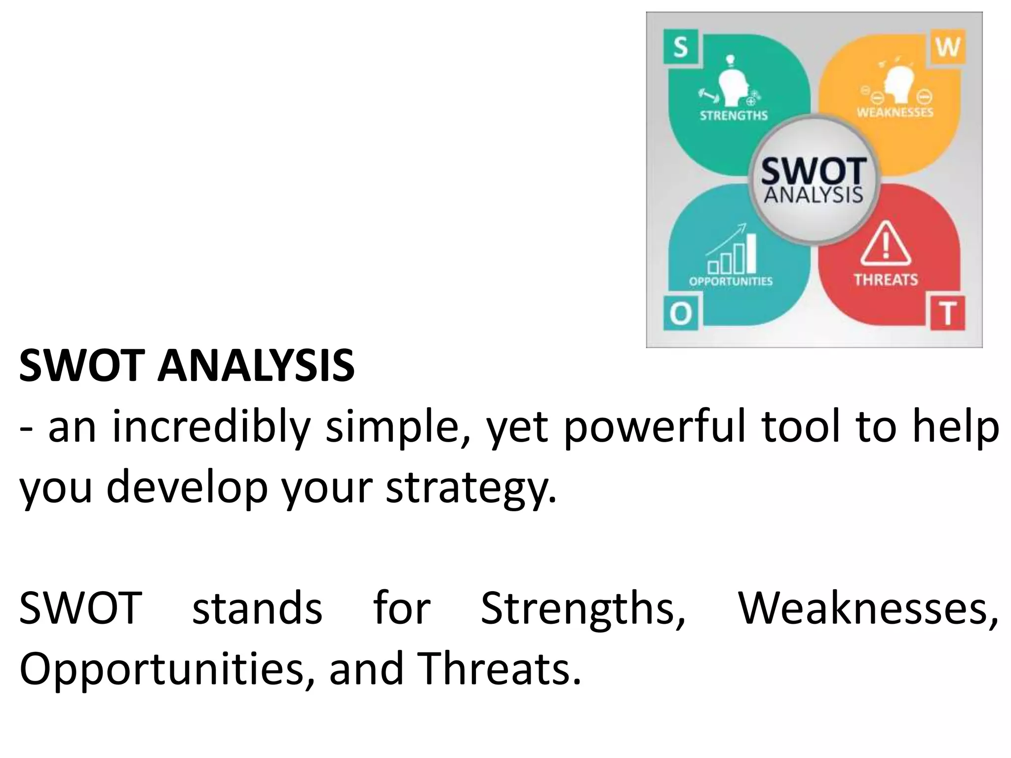 SWOT ANALYSIS
- an incredibly simple, yet powerful tool to help
you develop your strategy.
SWOT stands for Strengths, Weaknesses,
Opportunities, and Threats.
 