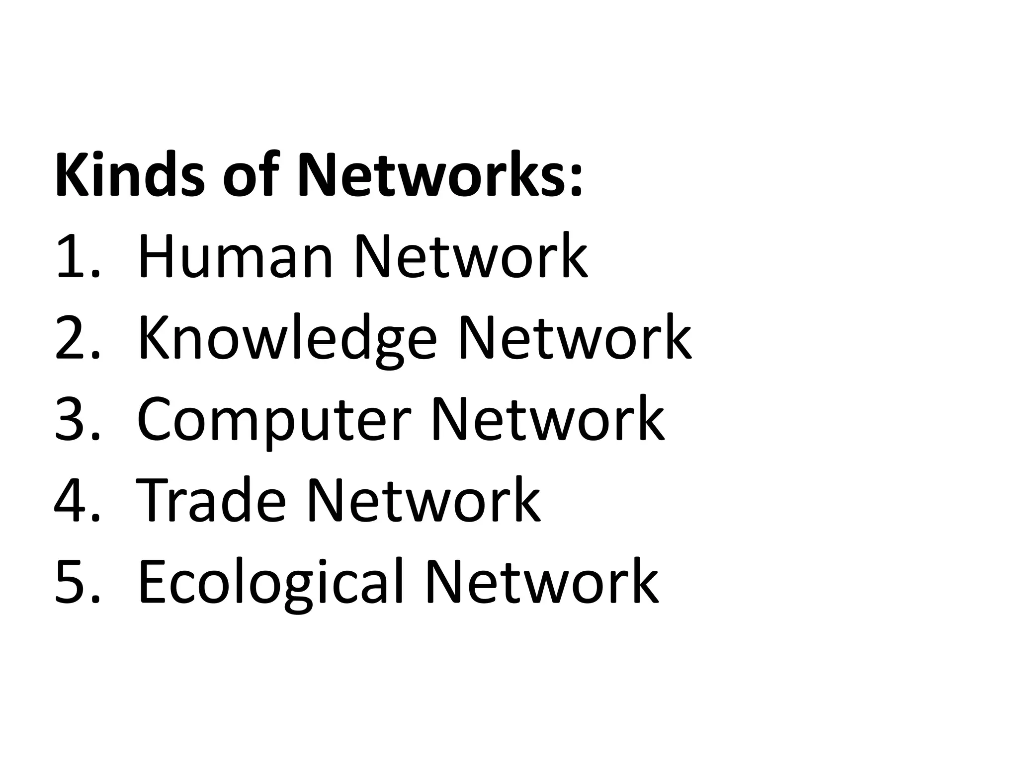Kinds of Networks:
1. Human Network
2. Knowledge Network
3. Computer Network
4. Trade Network
5. Ecological Network
 