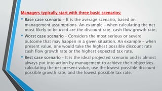 Managers typically start with three basic scenarios:
• Base case scenario – It is the average scenario, based on
management assumptions. An example – when calculating the net
most likely to be used are the discount rate, cash flow growth rate,
• Worst case scenario – Considers the most serious or severe
outcome that may happen in a given situation. An example – when
present value, one would take the highest possible discount rate
cash flow growth rate or the highest expected tax rate.
• Best case scenario – It is the ideal projected scenario and is almost
always put into action by management to achieve their objectives.
calculating the net present value, use the lowest possible discount
possible growth rate, and the lowest possible tax rate.
 