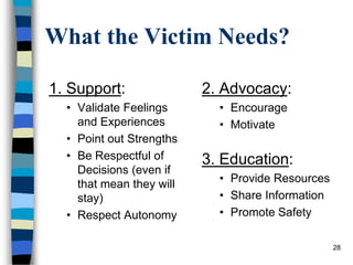 What the Victim Needs?<br />1. Support:<br />Validate Feelings and Experiences<br />Point out Strengths<br />Be Respectful...