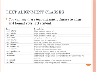 TEXT ALIGNMENT CLASSES
 You can use these text alignment classes to align
and format your text content.
 