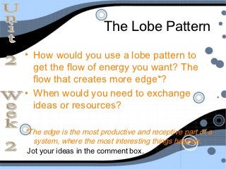 The Lobe Pattern
• How would you use a lobe pattern to
  get the flow of energy you want? The
  flow that creates more edge*?
• When would you need to exchange
  ideas or resources?

*The edge is the most productive and receptive part of a
   system, where the most interesting things happen.
 Jot your ideas in the comment box.
 