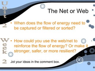 The Net or Web
• When does the flow of energy need to
  be captured or filtered or sorted?


• How could you use the web/net to
  reinforce the flow of energy? Or make it
  stronger, safer, or more resilient?

Jot your ideas in the comment box.
 