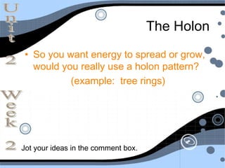The Holon
• So you want energy to spread or grow,
  would you really use a holon pattern?
          (example: tree rings)




Jot your ideas in the comment box.
 