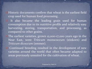  Historic documents confirm that wheat is the earliest field
  crop used for human food processing .
 It also became the leading grain used for human
  consumption due to its nutritive profile and relatively easy
  harvesting, storing, transportation, and processing, as
  compared to other grains.
 The earliest varieties, grown 12,000-17,000 years ego in the
  Near East, were Triticum monococcum (einkorn) and
  Triticum dicoccum (emmer).
 Continued breeding resulted in the development of new
  varieties around the world that often became adapted to
  areas previously unsuited for the cultivation of wheat.

                            Prepared by Hab2 S.                  1
 