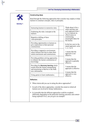 Unit Two: Developing Understanding in Mathematics


             Constructing ideas

             Read through the following approaches that a teacher may employ to help
             learners to construct concepts, rules or principles.
Activity 1

              Instructing learners to memorize rules.              Think about it for a
                                                                   while and then rate
              Explaining the rules /concepts to the                each approach from 1
              learners                                             to 4 to indicate its
                                                                   effectiveness in
              Repetitive drilling of facts                         constructing
              /rules/principles                                    meaningful ideas for
                                                                   the learner.
              Providing opportunities to learners to
              give expressions to their personal                   In the box next to the
              constructions.                                       stated approach, write
                                                                   1, 2, 3 or 4:
              Providing a supportive environment
              where learners feel free to share their              1 means that the
              initial conclusions and constructions.               approach is not
                                                                   effective.
              Providing problem-solving approaches
              to enhance the learner construction of               2 means that the
              knowledge.                                           approach is partially
                                                                   effective.
              Providing for discovery learning which
              results from the learner manipulating                3 means that the
              and structuring so that he or she finds              approach is effective.
              new information.
                                                                   4 means that the
                                                                   approach is very
              Using games to learn mathematics.
                                                                   effective.

             Reflection:

              What criteria did you use in rating the above approaches?

              In each of the above approaches, consider the extent to which all
               learners are involved in 'doing' mathematics.

              Is it possible that the different approaches could be weighted
               differently depending on the particular learning outcomes and context
               being explored? If so, can you give an example?




                                                                                      9
 