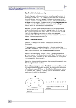 Unit Two: Developing Understanding in Mathematics   Error! No text
of specified style in document.

                              Benefit 1: It is intrinsically rewarding

                              Nearly all people, and certainly children, enjoy learning ('what type of
                              learning?', you may ask). This is especially true when new information,
                              new concepts and principles connect with ideas already at the learner’s
                              disposal. The new knowledge now makes sense, it fits (into the learner’s
                              schema) and it feels good. The learner experiences an inward satisfaction
                              and derives an inward motivation to continue, to search and explore
                              further - he or she finds it intrinsically rewarding.

                              Children who learn by rote (memorisation of facts and rules without
                              understanding) must be motivated by external means: for the sake of a
                              test, to please a parent, from fear of failure, or to receive some reward.
                              Such learning may not result in sincere inward motivation and
                              stimulation. It will neither encourage the learner nor create a love for the
                              subject when the rewards are removed.

                              Benefit 2: It enhances memory

                              Memory is a process of recalling or remembering or retrieving of
                              information.

                              When mathematics is learned relationally (with understanding) the
                              connected information , or the network of connected ideas, is simply more
                              likely to be retained over time than disconnected information.

                              Retrieval of information is also much easier. Connected information
                              provides an entire web of ideas (or network of ideas). If what you need to
                              recall seems distant, reflecting on ideas that are related can usually lead
                              you to the desired idea eventually.

                              Retrieving disconnected information or disorganised information is more
                              like finding a needle in haystack.

                              Look at the example given below. Would it be easier to recall the set of
                              disconnected numbers indicated in column A, or the more organized list
                              of numbers in column B? Does the identification of the number pattern
                              in column B (that is, finding a rule that connects the numbers) make it
                              easier to retrieve this list of numbers?

                                               A
                                                                                   B
                                        9      5       15
                                                                     1 3 5 7 9 11 13 15 17 19
                                  7    19     17       3
                                       11      1       13
                                                                     Organised and connected list of
                                                                     numbers
                                Disconnected list of
                                numbers




22
 