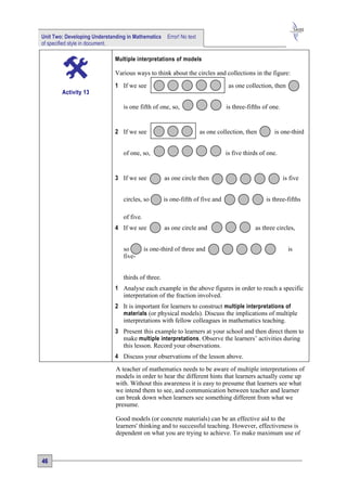 Unit Two: Developing Understanding in Mathematics    Error! No text
of specified style in document.

                              Multiple interpretations of models

                              Various ways to think about the circles and collections in the figure:
                              1 If we see                                        as one collection, then
        Activity 13

                                 is one fifth of one, so,                       is three-fifths of one.


                              2 If we see                             as one collection, then       is one-third


                                 of one, so,                                    is five thirds of one.


                              3 If we see           as one circle then                                    is five


                                 circles, so        is one-fifth of five and                     is three-fifths

                                 of five.
                              4 If we see           as one circle and                       as three circles,


                                 so         is one-third of three and                                       is
                                 five-


                                 thirds of three.
                              1 Analyse each example in the above figures in order to reach a specific
                                interpretation of the fraction involved.
                              2 It is important for learners to construct multiple interpretations of
                                materials (or physical models). Discuss the implications of multiple
                                interpretations with fellow colleagues in mathematics teaching.
                              3 Present this example to learners at your school and then direct them to
                                make multiple interpretations. Observe the learners’ activities during
                                this lesson. Record your observations.
                              4 Discuss your observations of the lesson above.
                              A teacher of mathematics needs to be aware of multiple interpretations of
                              models in order to hear the different hints that learners actually come up
                              with. Without this awareness it is easy to presume that learners see what
                              we intend them to see, and communication between teacher and learner
                              can break down when learners see something different from what we
                              presume.

                              Good models (or concrete materials) can be an effective aid to the
                              learners' thinking and to successful teaching. However, effectiveness is
                              dependent on what you are trying to achieve. To make maximum use of



46
 