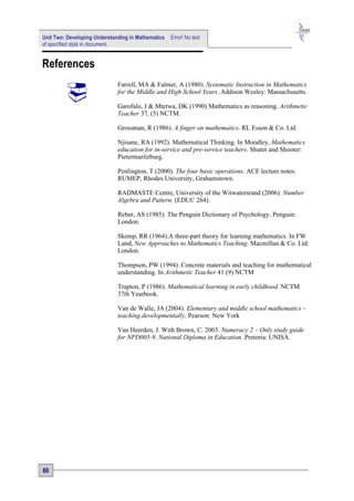 Unit Two: Developing Understanding in Mathematics   Error! No text
of specified style in document.


References
                              Farrell, MA & Falmer, A (1980). Systematic Instruction in Mathematics
                              for the Middle and High School Years. Addison Wesley: Massachusetts.

                              Garofalo, J & Mtetwa, DK (1990) Mathematics as reasoning. Arithmetic
                              Teacher 37, (5) NCTM.

                              Grossman, R (1986). A finger on mathematics. RL Esson & Co. Ltd.

                              Njisane, RA (1992). Mathematical Thinking. In Moodley, Mathematics
                              education for in-service and pre-service teachers. Shuter and Shooter:
                              Pietermaritzburg.

                              Penlington, T (2000). The four basic operations. ACE lecture notes.
                              RUMEP, Rhodes University, Grahamstown.

                              RADMASTE Centre, University of the Witwatersrand (2006). Number
                              Algebra and Pattern. (EDUC 264).

                              Reber, AS (1985). The Penguin Dictionary of Psychology. Penguin:
                              London.

                              Skemp, RR (1964).A three-part theory for learning mathematics. In FW
                              Land, New Approaches to Mathematics Teaching. Macmillan & Co. Ltd:
                              London.

                              Thompson, PW (1994). Concrete materials and teaching for mathematical
                              understanding. In Arithmetic Teacher 41 (9) NCTM

                              Trapton, P (1986). Mathematical learning in early childhood. NCTM
                              37th Yearbook.

                              Van de Walle, JA (2004). Elementary and middle school mathematics –
                              teaching developmentally. Pearson: New York

                              Van Heerden, J. With Brown, C. 2003. Numeracy 2 – Only study guide
                              for NPD005-9. National Diploma in Education. Pretoria: UNISA.




60
 