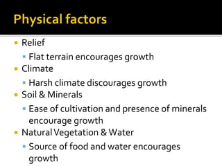  Relief 
 Flat terrain encourages growth 
 Climate 
 Harsh climate discourages growth 
 Soil & Minerals 
 Ease of cultivation and presence of minerals 
encourage growth 
 Natural Vegetation & Water 
 Source of food and water encourages 
growth 
 