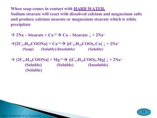 When soap comes in contact with HARD WATER,
Sodium stearate will react with dissolved calcium and magnesium salts
and produce calcium stearate or magnesium stearate which is white
precipitate
 2Na – Stearate + Ca+2  Ca – Stearate ↓ + 2Na+
[2C17H35COONa] + Ca+2  [(C17H35COO)2 Ca] ↓ + 2Na+
(Soap) (Soluble) (Insoluble) (Soluble)
 [2C17H35COONa] + Mg+2  [(C17H35COO)2 Mg] ↓ + 2Na+
(Soluble) (Soluble) (Insoluble)
(Soluble)
11
 