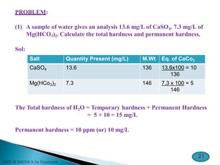 PROBLEM:
21
(1) A sample of water gives an analysis 13.6 mg/L of CaSO4. 7.3 mg/L of
Mg(HCO3)2. Calculate the total hardness and permanent hardness.
Sol:
The Total hardness of H2O = Temporary hardness + Permanent Hardness
= 5 + 10 = 15 mg/L
Permanent hardness = 10 ppm (or) 10 mg/L
Salt Quantity Present (mg/L) M.Wt Eq. of CaCo3
CaSO4 13.6 136 13.6x100 = 10
136
Mg(HCo3)2 7.3 146 7.3 x 100 = 5
146
 