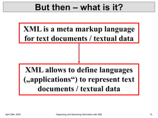 April 29th, 2003 Organizing and Searching Information with XML 13
But then – what is it?
XML is a meta markup language
for text documents / textual data
XML allows to define languages
(„applications“) to represent text
documents / textual data
 