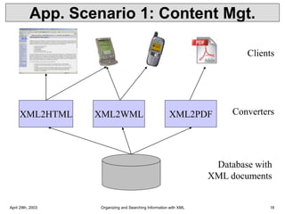 April 29th, 2003 Organizing and Searching Information with XML 18
App. Scenario 1: Content Mgt.
Database with
XML documents
Clients
Converters
XML2HTML XML2WML XML2PDF
 