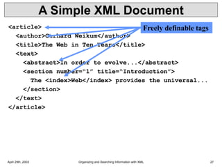 April 29th, 2003 Organizing and Searching Information with XML 27
A Simple XML Document
<article>
<author>Gerhard Weikum</author>
<title>The Web in Ten Years</title>
<text>
<abstract>In order to evolve...</abstract>
<section number=“1” title=“Introduction”>
The <index>Web</index> provides the universal...
</section>
</text>
</article>
Freely definable tags
 