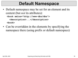 April 29th, 2003 Organizing and Searching Information with XML 39
Default Namespace
• Default namespace may be set for an element and its
content (but not its attributes):
<book xmlns=“http://www-dbs/dbs“>
<description>...</description>
<book>
• Can be overridden in the elements by specifying the
namespace there (using prefix or default namespace)
 