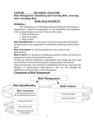 UNIT III
SECURITY ANALYSIS
Risk Management: Identifying and Assessing Risk, Assessing
and Controlling Risk
RISK MANAGEMENT
Definition:
The formal process of identifying and controlling the risks facing an
organization is called risk management. It is the probability of an undesired
event causing damage to an asset. There are three steps
1. Risk Identification.
2. Risk Assessment
3. Risk Control
Risk Identification: It is the process of examining and documenting the
security posture of an organization’s information technology and the risk it
faces.
Risk Assessment: It is the documentation of the results of risk
identification.
Risk Control: It is the process of applying controls to reduce the risks to an
organization’s data and information systems.
To keep up with the competition, organizations must design and create safe
environments in which business process and procedures can function.
These environments must maintain Confidentiality & Privacy and assure the
integrity of organizational data-objectives that are met through the
application of the principles of risk management

Components of Risk Management

Risk Management
Risk Identification

Risk Control

Risk Assessment
is the documented result of
the risk identification process

Selecting Strategy
Justifying Controls

Inventorying Assets
Classifying Assets
Identifying Threats &
Vulnerabilities
1

 