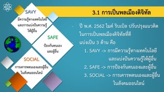 SAVY
SAFE
SOCIAL
มีความรู้ทางเทคโนโลยี
และการแบ่งปันความรู้
ให้ผู้อื่น
ป้องกันตนเอง
และผู้อื่น
การเคารพตนเองและผู้อื่น
ในสังคมออนไลȨ
3.1 การเป็Ȩลเมืองึϸจิทัล
- ปี พ.ศ. 2562 ไมค์ ริบเบิล ปรับปรุงแนวคิด
ในการเป็Ȩลเมืองึϸจิทัลที่ดี
- แบ่งเป็น 3 ด้าน คือ
1. SAVY -> การมีความรู้ทางเทคโนโลยี
และแบ่งปันความรู้ให้ผู้อื่น
2. SAFE -> การป้องกันตนเองและผู้อื่น
3. SOCIAL -> การเคารพตนเองและผู้อื่น
ในสังคมออนไลȨ
 