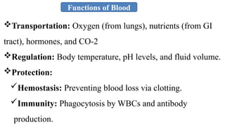 Functions of Blood
Transportation: Oxygen (from lungs), nutrients (from GI
tract), hormones, and CO-2
Regulation: Body temperature, pH levels, and fluid volume.
Protection:
Hemostasis: Preventing blood loss via clotting.
Immunity: Phagocytosis by WBCs and antibody
production.
 