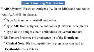 Blood Grouping & Rh Factor
ABO System: Based on Antigens (A, B) on RBCs and Antibodies
(Anti-A, Anti-B) in plasma.
Type A: A antigens, Anti-B antibodies.
Type AB: Both antigens, no antibodies (Universal Recipient).
Type O: No antigens, both antibodies (Universal Donor).
Rh Factor: Presence (+) or absence (-) of the D-antigen.
Clinical Note: Rh incompatibility in pregnancy can lead to
Erythroblastosis Fetalis.
 