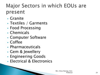  Granite
 Textiles / Garments
 Food Processing
 Chemicals
 Computer Software
 Coffee
 Pharmaceuticals
 Gem & Jewellery
 Engineering Goods
 Electrical & Electronics
29
Mrs. Charu Rastogi, Asst.
Professor
 