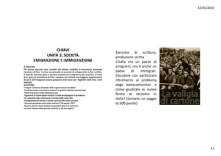 12/01/2010




                     CHIAVI
                                                                                             Esercizio di scrittura:
                 UNITÀ 3.SOCIETÀ.                                                          produzione scritta
           EMIGRAZIONE E IMMIGRAZIONE
                        EIMMIGRAZIONE                                                       L Italia
                                                                                             L’Italia era un paese di
3.ESERCIZIO                                                                                 emigranti, ora è anche un
Per questo esercizio sono possibili due diverse modalità di esecuzione, entrambe
riportate nel libro. Il primo caso prevede un esercizio di collegamento da fare sul libro.   paese      di    immigrati.
Il secondo (variante gioco a squadre) prevede uno svolgimento più dinamico: si tratta
di un gioco di movimento da fare a squadre, che richiede una maggiore organizzazione
       g                                q       ,                  gg       g
                                                                                             Discutere con particolare
da parte dell’insegnante (vanno preparate delle buste con i bigliettini delle frasi, come
indicato)
                                                                                             riferimento al problema
SOLUZIONE:                                                                                  degli extracomunitari e
•Inegozi venivano devastati dalleorganizzazioni xenofobe
•Pochi fortunati riuscirono amettere suqualche attività commerciale                        come giudicate le nuove
•Molti entrarono nella malavita locale
•Il governo diRomaaveva trovato il mododiimpiegare leeccedenze                          forme di razzismo in
•Lacomunità italo‐americanaèentrata nelle classi alte
•L’emigrazione dimassa sirivolse versogli altri paesi europei
                                                                                             Italia? (Scrivete un saggio
•Vennero giustiziati sulla sedia elettrica il 23agosto1927                                 di 500 parole)
•Queste parole reserofinalmentegiustizia alla loromemoria
•Lavoce intrusanella seconda colonna è“diunarapina”.




                                                                                                                                  11
 