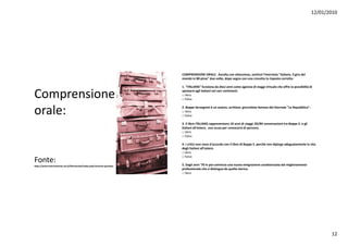 12/01/2010




                                                                        COMPRENSIONEORALE:Ascoltaconattenzione,sentirail'intervista"Italians,Ilgirodel
                                                                        mondoin80pizze"duevolte,doposegnaconunacrocettalarispostacorretta:

                                                                        1."ITALIANS"funzionadadieciannicomeagenziadiviaggivirtualecheoffrelapossibilitàdi

Comprensione                                                            spostarsiagliitalianineivaricontinenti.
                                                                        □ Vero
                                                                        □ Falso



orale:                                                                  2.BeppeServegninièunautore,scrittore,giornalistafamosodelGiornale"LaRepubblica":
                                                                        □ Vero
                                                                        □ Falso

                                                                        3.IllibroITALIANSrappresentano10annidiviaggi,83/84conversazionitraBeppeS.egli
                                                                        3 Il lib ITALIANS               t    10    i di i i 83/84            i it B         S     li
                                                                        italianiall'estero,unascusaperconoscersidipersona.
                                                                        □ Vero
                                                                        □ Falso

                                                                        4.Icriticinonsonod'accordoconillibrodiBeppeS.perchénondipingeadeguatamentelavita
                                                                        degliitalianiall estero.
                                                                        degli italiani all'estero
                                                                        □ Vero
                                                                        □ Falso
Fonte:                                                                  5.Daglianni'70inpoicominciaunanuovaemigrazionecaratterizzatadalmiglioramento
http://www.international.rai.it/libriinonda/index.php?sezione=puntata
                                                                        professionalechesidistinguedaquellastorica.
                                                                        □ Vero




                                                                                                                                                                               12
 