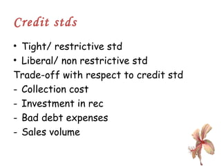 Credit stds Tight/ restrictive std Liberal/ non restrictive std Trade-off with respect to credit std Collection cost Investment in rec Bad debt expenses Sales volume 