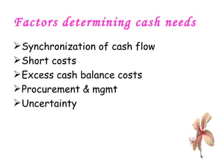 Factors determining cash needs Synchronization of cash flow Short costs Excess cash balance costs Procurement & mgmt Uncertainty 