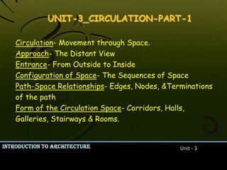 UNIT-3_CIRCULATION-PART-1Circulation- Movement through Space.Approach- The Distant ViewEntrance- From Outside to InsideConfiguration of Space- The Sequences of SpacePath-Space Relationships- Edges, Nodes, &Terminations of the pathForm of the Circulation Space- Corridors, Halls, Galleries, Stairways & Rooms.