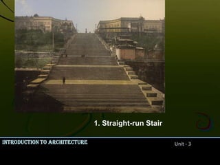 It handles changes in level with stairs & ramps.Spaces of movement- occupies a significant amount of volume of a building.Form & scale of circulation space should accommodate movement of people as they promenade, pause, rest, or  take in a view along a path.