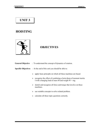 HOISTING                                                                           J3010/3/1




      UNIT 3


 HOISTING



                                 OBJECTIVES




General Objective     : To understand the concept of dynamics of rotation.

Specific Objectives : At the end of this unit you should be able to:

                         apply basic principle on which all these machines are based.

                         recognize the effect of combining a hoist drum of moment inertia
                          I with a hanging load of mass M and weight W = mg.

                         sketch and recognize all force and torque that involve on these
                          machines.

                         use suitable concepts to solve related problem.

                         calculate all these topic questions correctly.
 