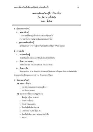 แผนการจัดการเรียนรูคณิตศาสตรเพิ่มเติม ม.2 ภาคเรียนที่ 1                          131

                              แผนการจัดการเรียนรูที่ 1 (ชั่วโมงที่ 2)
                                   เรื่อง อัตราสวนที่เทากัน
                                         เวลา 1 ชั่วโมง

1. เปาหมายการเรียนรู
   1.1 ผลการเรียนรู
        1) สามารถใชความรูเกี่ยวกับอัตราสวนแกปญหาได
        2) ตระหนักถึงความสมเหตุสมผลของคําตอบที่ได
   1.2 จุดประสงคการเรียนรู
        นักเรียนสามารถใชความรูเกี่ยวกับอัตราสวนแกปญหาไดอยางถูกตอง

2. สาระสําคัญ
   2.1 สาระการเรียนรู
       อัตราสวนที่เทากันคืออัตราสวนที่แสดงอัตราเดียวกัน
   2.2 ทักษะ / กระบวนการ
       การคิดวิเคราะห การตีความหมาย การคิดคํานวณ
   2.3 ทักษะการคิด
       ทักษะการคิดคํานวณ ทักษะการคิดวิเคราะห ทักษะการใหเหตุผล ทักษะการคิดจัดลําดับ
ทักษะการคิดแปลความและสรุปความ ทักษะการแกปญหา

3. รองรอยการเรียนรู
   3.1 ผลงาน / ชิ้นงาน
       1) การทํากิจกรรมตรวจสอบความเขาใจ 3
       2) การทําแบบทดสอบ
   3.2 กระบวนการขั้นตอนการปฏิบัติงาน
       1) จัดกลุม กลุมละ 3 - 4 คน
       2) เลือกหัวหนากลุม
       3) หัวหนากลุมแบงงาน
       4) รวมกันจัดทําบัตรกิจกรรม
       5) นําเสนอผลงานหนาชั้นเรียน
       6) รวมกันทํากิจกรรมตรวจสอบความเขาใจ
       7) สงงาน
 