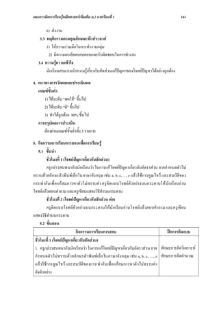แผนการจัดการเรียนรูคณิตศาสตรเพิ่มเติม ม.2 ภาคเรียนที่ 1                              161

        6) สงงาน
    3.3 พฤติกรรมตามคุณลักษณะพึงประสงค
        1) ใหความรวมมือในการทํางานกลุม
         2) มีความละเอียดรอบคอบและรับผิดชอบในการทํางาน
   3.4 ความรูความเขาใจ
        นักเรียนสามารถนําความรูเกี่ยวกับสัดสวนแกปญหาของโจทยปญหาไดอยางถูกตอง

4. แนวทางการวัดผลและประเมินผล
   เกณฑขั้นต่ํา
      1) ไดระดับ “พอใช” ขึ้นไป
      2) ไดระดับ “ดี” ขึ้นไป
      3) ทําไดถูกตอง 80% ขึ้นไป
   การสรุปผลการประเมิน
      ตองผานเกณฑขั้นต่ําทั้ง 3 รายการ

5. กิจกรรมการเรียนการสอนเพื่อการเรียนรู
    5.1 ขั้นนํา
         ชั่วโมงที่ 1 (โจทยปญหาเกี่ยวกับสัดสวน)
         ครูกลาวสนทนากับนักเรียนวา ในการแกโจทยปญหาเกี่ยวกับอัตราสวน อาจกําหนดตัวไม
ทราบดวยอักษรตัวพิมพเล็กในภาษาอังกฤษ เชน a, b, c,…, z แลวใชการคูณไขว และสมบัติของ
การเทากันเพื่อแกสมการหาตัวไมทราบคา ครูติดแถบโจทยตัวอยางบนกระดานใหนักเรียนอาน
โจทยแลวตอบคําถาม และครูเขียนแสดงวิธีทําบนกระดาน
         ชั่วโมงที่ 2 (โจทยปญหาเกี่ยวกับสัดสวน ตอ)
         ครูติดแถบโจทยตัวอยางบนกระดานใหนักเรียนอานโจทยแลวตอบคําถาม และครูเขียน
แสดงวิธีทําบนกระดาน
     5.2 ขั้นสอน
                             กิจกรรมการเรียนการสอน                             ฝกการคิดแบบ
 ชั่วโมงที่ 1 (โจทยปญหาเกี่ยวกับสัดสวน)
 1. ครูกลาวสนทนากับนักเรียนวา ในการแกโจทยปญหาเกี่ยวกับอัตราสวน อาจ ทักษะการคิดวิเคราะห
 กําหนดตัวไม ท ราบด วยอัก ษรตัวพิมพ เล็กในภาษาอังกฤษ เชน a, b, c, …, z ทักษะการคิดคํานวณ
 แลวใชการคูณไขว และสมบัติของการเทากันเพื่อแกสมการหาตัวไมทราบคา
 ดังตัวอยาง
 