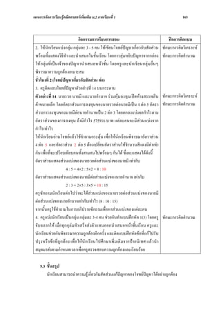 แผนการจัดการเรียนรูคณิตศาสตรเพิ่มเติม ม.2 ภาคเรียนที่ 1                                             163



                                    กิจกรรมการเรียนการสอน                                      ฝกการคิดแบบ
 2. ใหนักเรียนแบงกลุม กลุมละ 3 - 5 คน ใหเขียนโจทยปญหาเกี่ยวกับสัดสวน               ทักษะการคิดวิเคราะห
 พรอมทั้งแสดงวิธีทํา และนําเสนอในชั้นเรียน โดยการสุมหยิบปญหาจากกลอง                    ทักษะการคิดคํานวณ
 ให ก ลุม ที่ เป น เจาของป ญ หานํ าเสนอหน าชั้ น โดยครูแ ละนั ก เรีย นกลุม อื่น ๆ
 พิจารณาความถูกตองเหมาะสม
 ชั่วโมงที่ 2 (โจทยปญหาเกี่ยวกับสัดสวน ตอ)
 3. ครูติดแถบโจทยปญหาตัวอยางที่ 14 บนกระดาน
                             
 ตัวอยางที่ 14 นายรวย นายมี และนายอํานาจ รวมหุนลงทุนเปดหางสรรพสิน                     ทักษะการคิดวิเคราะห
 คาขนาดเล็ก โดยอัตราสวนการลงทุนของนายรวยตอนายมีเปน 4 ตอ 5 อัตรา                       ทักษะการคิดคํานวณ
 สวนการลงทุนของนายมีตอนายอํานาจเปน 2 ตอ 3 โดยตกลงแบงผลกําไรตาม
 อัตราสวนของการลงทุน ถามีกําไร 575916 บาท แตละคนจะมีสวนแบงจาก
 กําไรเทาไร
 ใหนักเรียนอานโจทยแลวใชคําถามกระตุน เพื่อใหนักเรียนพิจารณาอัตราสวน
 4 ตอ 5 และอัตราสวน 2 ตอ 5 ตองเปลี่ยนอัตราสวนใหจํานวนสีแดงมีคาเทา
 กัน เพื่อที่จะเปรียบเทียบคนทั้งสามคนไปพรอมๆ กันได ซึ่งจะแสดงไดดังนี้
 อัตราสวนแสดงสวนแบงของนายรวยตอสวนแบงของนายมี เทากับ
                           4 : 5 = 4×2 : 5×2 = 8 : 10
 อัตราสวนแสดงสวนแบงของนายมีตอสวนแบงของนายอํานาจ เทากับ
                           2 : 3 = 2×5 : 3×5 = 10 : 15
 ครูซักถามนักเรียนตอไปวาจะไดสวนแบงของนายรวยตอสวนแบงของนายมี
 ตอสวนแบงของนายอํานาจเทากับเทาไร (8 : 10 : 15)
 จากนั้นครูใชคําถามในการอภิปรายซักถามเพื่อหาสวนแบงของแตละคน
 4. ครูแบงนักเรียนเปนกลุม กลุมละ 3-4 คน ชวยกันทําแบบฝกหัด 1(3) โดยครู                ทักษะการคิดคํานวณ
 จับฉลากให เมื่อทุกกุลมทําเสร็จสงตัวแทนออกนําเสนอหนาชั้นเรียน ครูและ
 นักเรียนชวยกันพิจารณาความถูกตองอีกครั้ง และติดแบบฝกหัดขอที่แกไปรับ
 ปรุงหรือขอที่ถูกตอง เพื่อให นักเรียนไปศึกษาเพิ่มเติมจากปายนิเทศ แลวนํ า
 สมุดมาสงตามกําหนดเวลาเพื่อครูตรวจสอบความถูกตองและเรียบรอย

    5.3 ขั้นสรุป
        นักเรียนสามารถนําความรูเกี่ยวกับสัดสวนแกปญหาของโจทยปญหาไดอยางถูกตอง
 