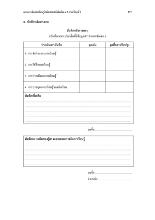แผนการจัดการเรียนรูคณิตศาสตรเพิ่มเติม ม.2 ภาคเรียนที่ 1                                172

8. บันทึกหลังการสอน

                                      บันทึกหลังการสอน
                         (บันทึกเฉพาะประเด็นที่มีขอมูลสารสนเทศชัดเจน )

                   ประเด็นการบันทึก                         จุดเดน       จุดที่ควรปรับปรุง

 1. การจัดกิจกรรมการเรียนรู

 2. การใชสื่อการเรียนรู

 3. การประเมินผลการเรียนรู

 4. การบรรลุผลการเรียนรูของนักเรียน

 บันทึกเพิ่มเติม
 ……………………………………………………………………………………………………………………
 ……………………………………………………………………………………………………………………
 ……………………………………………………………………………………………………………………
 ……………………………………………………………………………………………………………………
 ……………………………………………………………………………………………………………………

                                                            ลงชื่อ………………………………………..

 บันทึกความเห็นของผูตรวจสอบแผนการจัดการเรียนรู
 ……………………………………………………………………………………………………………………
 ……………………………………………………………………………………………………………………
 ……………………………………………………………………………………………………………………
 ……………………………………………………………………………………………………………………
 ……………………………………………………………………………………………………………………

                                                            ลงชื่อ………………………………………..
                                                            ตําแหนง…….……..………………………..
 