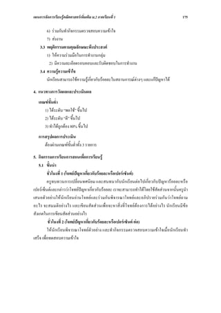 แผนการจัดการเรียนรูคณิตศาสตรเพิ่มเติม ม.2 ภาคเรียนที่ 1                              175

        6) รวมกันทํากิจกรรมตรวจสอบความเขาใจ
        7) สงงาน
    3.3 พฤติกรรมตามคุณลักษณะพึงประสงค
        1) ใหความรวมมือในการทํางานกลุม
         2) มีความละเอียดรอบคอบและรับผิดชอบในการทํางาน
    3.4 ความรูความเขาใจ
        นักเรียนสามารถใชความรูเกี่ยวกับรอยละในสถานการณตางๆ และแกปญหาได

4. แนวทางการวัดผลและประเมินผล
   เกณฑขั้นต่ํา
      1) ไดระดับ “พอใช” ขึ้นไป
      2) ไดระดับ “ดี” ขึ้นไป
      3) ทําไดถูกตอง 80% ขึ้นไป
   การสรุปผลการประเมิน
      ตองผานเกณฑขั้นต่ําทั้ง 3 รายการ

5. กิจกรรมการเรียนการสอนเพื่อการเรียนรู
    5.1 ขั้นนํา
          ชั่วโมงที่ 1 (โจทยปญหาเกี่ยวกับรอยละหรือเปอรเซ็นต)
          ครูทบทวนการเปลี่ยนทศนิยม และสนทนากับนักเรียนตอไปเกี่ยวกับปญหารอยละหรือ
เปอรเซ็นตและกลาววาโจทยปญหาเกี่ยวกับรอยละ เราจะสามารถทําไดโดยใชสัดสวนจากนั้นครูนํา
เสนอตัวอยางใหนักเรียนอานโจทยและรวมกันพิจารณาโจทยและอภิปรายรวมกันวาโจทยถาม
อะไร จะสมมติอยางไร และเขียนสัดสวนเพื่อจะหาสิ่งที่โจทยตองการไดอยางไร นักเรียนมีขอ
สังเกตในการเขียนสัดสวนอยางไร
           ชั่วโมงที่ 2 (โจทยปญหาเกี่ยวกับรอยละหรือเปอรเซ็นต ตอ)
          ใหนักเรียนพิจารณาโจทยตัวอยาง และทํากิจกรรมตรวจสอบความเขาใจเมื่อนักเรียนทํา
เสร็จ เพื่อทดสอบความเขาใจ
 