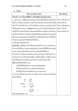 แผนการจัดการเรียนรูคณิตศาสตรเพิ่มเติม ม.2 ภาคเรียนที่ 1                                  184

   5.2 ขั้นสอน
                               กิจกรรมการเรียนการสอน                               ฝกการคิดแบบ
 ชั่วโมงที่ 1 (การนํารอยละไปใชในการแกโจทยปญหาเกี่ยวกับของผสม)
 1. ครูทบทวนการแกปญหาเกี่ยวกับรอยละหรือเปอรเซ็นตที่เรียนมาเมื่อชั่วโมง     ทักษะการคิดวิเคราะห
 ที่แลว จากนั้นซักถามนักเรียนวา นักเรียนเคยสังเกตขางกลองของน้ําผลไมที่     ทักษะการตีความ
 เขียนไววา น้ําผลไมแท 25% หรือไม แลวขอความดังกลาวหมายถึงอะไร เมื่อ      ทักษะการคิดสรุปความ
 ไดขอสรุปแลว ครูกลาววา ของผสม เกิดจากการนําสารหรือสิ่งของตั้งแตสอง        ทักษะการสังเกต
 ชนิดขึ้นไปรวมกันหรือผสมกัน ซึ่งของผสมที่ไดจะกลายเปนสารหรือสิ่งของ            ทักษะการคิดคํานวณ
 ชนิดใหมหรือเปนสารหรือสิ่งของชนิดเดิมที่มีคุณภาพเปลี่ยนไป ของผสมที่
 เปนของเหลว นิยมบอกสวนผสมเปนรอยละหรือเปอรเซ็นต เชน นําน้ําสมเขม
 ขน 100% มาผสมกับน้ํา เพื่อทําเปนน้ําสมเจือจาง
 จากนั้นครูนําเสนอตัวอยางที่ 6
 ตัวอยางที่ 6 อภิชัยตองการทําน้ําสับปะรดผสมเจือจาง 30% จากน้ําสับปะรด
 แท 100% ที่มีปริมาตร 900 ลูกบาศกเซนติเมตร โดยเติมน้ําดื่มที่มีปริมาตรสุทธิ
 ขวดละ 700 ลูกบาศกเซนติเมตรลงไป จงหาวาตองเติมน้ําดื่มกี่ขวด
 ใหนักเรียนรวมกันพิจารณาโจทยและอภิปรายรวมกันวาโจทยถามอะไร จะ
 สมมติอยางไร และเขียนสัดสวนเพื่อจะหาสิ่งที่โจทยตองการไดอยางไร นัก
 เรียนมีขอสังเกตในการเขียนสัดสวนอยางไร ในการอภิปรายควรไดวา
 วิธีทํา สมมติใหเติมน้ําดื่ม x ขวด
         จะไดน้ําดื่มที่เติมมีปริมาตร 700x ลูกบาศกเซนติเมตร
         มีน้ําสับปะรดแท 100% อยู 900 ลูกบาศกเซนติเมตร
         ทําใหเปนน้ําสับปะรดผสมเจือจาง 30% หมายความวา
 ใน 100 สวน มีน้ําสับปะรดแท 30 สวน มีน้ํา 70 สวน โดยปริมาตร เขียนเปน
 สัดสวนไดดังนี้
                        30            900
                                =
                        70           700 x
                30(700 x)       =   70 × 900
                                     70 × 900
                      700 x     =
                                        30
                                     70 × 900
                            x   =               =   3
                                     700 × 30
 ดังนั้น ตองเติมน้ําดื่ม 3 ขวด
 