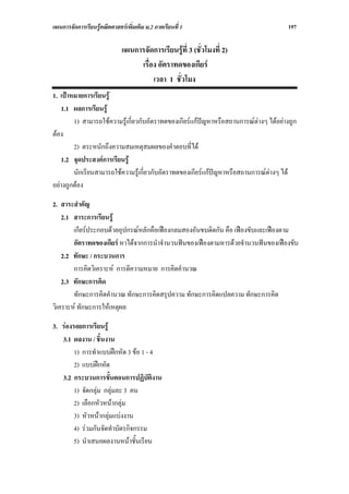 แผนการจัดการเรียนรูคณิตศาสตรเพิ่มเติม ม.2 ภาคเรียนที่ 1                             197

                              แผนการจัดการเรียนรูที่ 3 (ชั่วโมงที่ 2)
                                   เรื่อง อัตราทดของเกียร
                                        เวลา 1 ชั่วโมง
1. เปาหมายการเรียนรู
   1.1 ผลการเรียนรู
        1) สามารถใชความรูเกี่ยวกับอัตราทดของเกียรแกปญหาหรือสถานการณตางๆ ไดอยางถูก
ตอง
        2) ตระหนักถึงความสมเหตุสมผลของคําตอบที่ได
   1.2 จุดประสงคการเรียนรู
        นักเรียนสามารถใชความรูเกี่ยวกับอัตราทดของเกียรแกปญหาหรือสถานการณตางๆ ได
อยางถูกตอง

2. สาระสําคัญ
    2.1 สาระการเรียนรู
        เกียรประกอบดวยอุปกรณหลักคือเฟองกลมสองอันขบติดกัน คือ เฟองขับและเฟองตาม
        อัตราทดของเกียร หาไดจากการนําจํานวนฟนของเฟองตามหารดวยจํานวนฟนของเฟองขับ
    2.2 ทักษะ / กระบวนการ
        การคิดวิเคราะห การตีความหมาย การคิดคํานวณ
    2.3 ทักษะการคิด
        ทักษะการคิดคํานวณ ทักษะการคิดสรุปความ ทักษะการคิดแปลความ ทักษะการคิด
วิเคราะห ทักษะการใหเหตุผล

3. รองรอยการเรียนรู
   3.1 ผลงาน / ชิ้นงาน
        1) การทําแบบฝกหัด 3 ขอ 1 - 4
        2) แบบฝกหัด
   3.2 กระบวนการขั้นตอนการปฏิบัติงาน
        1) จัดกลุม กลุมละ 3 คน
        2) เลือกหัวหนากลุม
        3) หัวหนากลุมแบงงาน
        4) รวมกันจัดทําบัตรกิจกรรม
        5) นําเสนอผลงานหนาชั้นเรียน
 