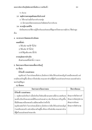 แผนการจัดการเรียนรูคณิตศาสตรเพิ่มเติม ม.2 ภาคเรียนที่ 1                                211

           7) สงงาน
       3.3 พฤติกรรมตามคุณลักษณะพึงประสงค
           1) ใหความรวมมือในการทํางานกลุม
            2) มีความละเอียดรอบคอบและรับผิดชอบในการทํางาน
       3.4 ความรูความเขาใจ
           นักเรียนสามารถใชความรูเกี่ยวกับแบบจําลองแกปญหาหรือสถานการณตางๆ ไดอยางถูก
ตอง

4. แนวทางการวัดผลและประเมินผล
   เกณฑขั้นต่ํา
      1) ไดระดับ “พอใช” ขึ้นไป
      2) ไดระดับ “ดี” ขึ้นไป
      3) ทําไดถูกตอง 80% ขึ้นไป
   การสรุปผลการประเมิน
      ตองผานเกณฑขั้นต่ําทั้ง 3 รายการ

5. กิจกรรมการเรียนการสอนเพื่อการเรียนรู
    5.1 ขั้นนํา
         ชั่วโมงที่ 1 (แบบจําลอง)
         ครูอธิบายวา ในการจําลองสิ่งตางๆ มีหลักการวาตองใหแบบจําลองมีรูปรางเหมือนของจริง แต
อาจมีขนาดใหญขึ้น เล็กลง หรือเทาเดิม ตามมาตราสวนที่ผูสรางแบบจําลองกําหนด และยกตัวอยาง
ของโจทยปญหา
    5.2 ขั้นสอน
                              กิจกรรมการเรียนการสอน                                ฝกการคิดแบบ
 ชั่วโมงที่ 1 (แบบจําลอง)
 1. ครูซักถามนักเรียนวา เมื่อนักเรียนไปทองเที่ยวตามสถานที่ตางๆ เคยสังเกต ทักษะการคิดวิเคราะห
 ของที่ระลึกหรือของสะสมที่เปนแบบจําลองตางๆ เชน เรือจําลอง หรือรูปปน ทักษะการคิดสรุปความ
 ซึ่งมีลักษณะเหมือนของจริง แตมีขนาดเล็กกวาหรือไม                            ทักษะการสังเกต
 ครูอธิบายตอไปวา ในการจําลองสิ่งตางๆ มีหลักการวาตองใหแบบจําลองมีรูป ทักษะการคิดคํานวณ
 รางเหมือนของจริง แตอาจมีขนาดใหญขึ้น เล็กลง หรือเทาเดิม ตามมาตราสวน
 ที่ผูสรางแบบจําลองกําหนด เชน
 