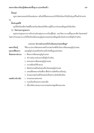แผนการจัดการเรียนรูคณิตศาสตรพื้นฐาน ม.2ภาคเรียนที่ 1                                                119

      ขั้นสรุป
          ครูตรวจผลงานของนักเรียนแตละคน พรอมใหขอเสนอแนะแลวใหนักเรียนนําไปปรับปรุงแกไขแลวนํามาสง
ครู
  ขั้นประยุกตใช
      ครูใหนักเรียนเลือกโจทยที่นาสนใจมาจัดบอรดใหความรูเรื่องการนําเสนอขอมูลหนาหองเรียน
  7.2 กิจกรรมการบูรณาการ
      ครูสามารถบูรณาการการเรียนรวมกับกลุมสาระการเรียนรูศิลปะ ภาษาไทย การงานพื้นฐานอาชีพ วิทยาศาสตร
โดยการกําหนดภาระงานใหนกเรียนเขียนแผนภูมรูปวงกลมนําเสนอขอมูลเกี่ยวกับประชากรที่อยูในโรงเรียน
                            ั                 ิ

                             ภาระงาน “สํารวจประชากรในโรงเรียนและนําเสนอขอมูล”
ผลการเรียนรู          ใชกระบวนการเขียนแผนภาพสรางภาพมโนคติเกี่ยวกับการเขียนแผนภูมิรูปวงกลม
ผลงานที่ตองการ        แผนภูมิรูปวงกลมพรอมคําถามเกี่ยวกับขอมูลและคําตอบ
ขั้นตอนการทํางาน       1. ศึกษาการเขียนแผนภูมิรูปวงกลม
                       2. สํารวจจํานวนประชากรที่อยูในโรงเรียน
                       3. ออกแบบการเขียนแผนภูมิรปวงกลม
                                                  ู
                       2. ระบายสีภาพใหสวยงาม
                       3. เขียนคําถามพรอมคําตอบเกี่ยวกับแผนภูมิรูปวงกลม
                       4. แลกเปลี่ยนผลงานกับเพื่อน เพื่อนําความคิดเห็นมาปรับปรุง
                       5. นําแผนภาพมโนคติไปแสดงในปายประกาศหลังหองเรียน
เกณฑการประเมิน        1. ความสวยงามของภาพ
                       2. ความเรียบรอยและความประณีต
                       3. เนื้อหาขอความและการบรรยายแผนภาพถูกตองเหมาะสม
 