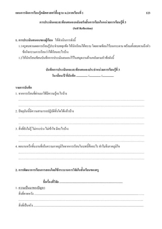 แผนการจัดการเรียนรูคณิตศาสตรพื้นฐาน ม.2ภาคเรียนที่ 1                                                                                                                         123

                                การประเมินและสะทอนตนเองหลังเสร็จสิ้นการเรียนในหนวยการเรียนรูที่ 3
                                                       (Self Reflection)

1. การประเมินตนเองของผูเรียน ใหดําเนินการดังนี้
   1.1 ครูทบทวนผลการเรียนรูประจําบททุกขอ ใหนักเรียนไดทราบ โดยอาจเขียนไวบนกระดาน พรอมทั้งทบทวนถึงหัว
       ขอกิจกรรมการเรียนวาไดเรียนอะไรบาง
   1.2 ใหนักเรียนเขียนบันทึกการประเมินตนเองไวในสมุดงานดานหลังตามหัวขอดังนี้

                                        บันทึกการประเมินและสะทอนตนเองประจําหนวยการเรียนรูที่ 3
                                             วัน/เดือน/ป ที่บันทึก ................ /................ /................

รายการบันทึก
1. จากการเรียนที่ผานมาไดมีความรูอะไรบาง
   ..……………………………………………………………………….…………………………………………
   ..……………………………………………………………………….…………………………………………
2. ปจจุบันนี้มความสามารถปฏิบัติสิ่งใดไดแลวบาง
                 ี
   ..……………………………………………………………………….…………………………………………
   ..……………………………………………………………………….…………………………………………
3. สิ่งที่ยังไมรู ไมกระจาง ไมเขาใจ มีอะไรบาง
   ..……………………………………………………………………….…………………………………………
   ..……………………………………………………………………….…………………………………………
4. ผลงานหรือชิ้นงานที่เนนความภาคภูมิใจจากการเรียนในบทนี้คืออะไร ทําไมจึงภาคภูมิใจ
   ..……………………………………………………………………….…………………………………………
   ..……………………………………………………………………….…………………………………………

2. การพัฒนาการเรียนการสอนโดยใชกระบวนการวิจัยในชั้นเรียนของครู

                                ชื่อเรื่องที่วิจัย …………………………………………………………
1. ความเปนมาของปญหา
   สิ่งที่คาดหวัง ................................................................................................................................................…….
   ..……………………………………………………………………….………………………………………..
   สิ่งที่เปนจริง .........................................................................................................................................................
 