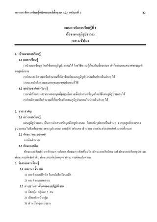 แผนการจัดการเรียนรูคณิตศาสตรพื้นฐาน ม.2ภาคเรียนที่ 1                                                   112


                                         แผนการจัดการเรียนรูที่ 1
                                          เรื่อง แผนภูมิรปวงกลม
                                                           ู
                                                เวลา 6 ชั่วโมง

1. เปาหมายการเรียนรู
   1.1 ผลการเรียนรู
       1) นําเสนอขอมูลโดยใชแผนภูมิรูปวงกลมได โดยใชความรูเกี่ยวกับเรื่องการหาคารอยละและขนาดของมุมที่
จุดศูนยกลาง
       2) อานและตีความหรือคํานวณที่เกี่ยวของกับแผนภูมรูปวงกลมในประเด็นตางๆ ได
                                                          ิ
       3) ตระหนักถึงความสมเหตุสมผลของคําตอบที่ได
   1.2 จุดประสงคการเรียนรู
       1) หาคารอยละและขนาดของมุมที่จุดศูนยกลางเพื่อนําเสนอขอมูลโดยใชแผนภูมิรูปวงกลมได
       2) อานตีความ คิดคํานวณที่เกี่ยวของกับแผนภูมิรูปวงกลมในประเด็นตางๆ ได

2. สาระสําคัญ
   2.1 สาระการเรียนรู
       แผนภูมรูปวงกลม เปนการนําเสนอขอมูลดวยรูปวงกลม โดยแบงรูปออกเปนสวนๆ จากจุดศูนยกลางของ
               ิ
รูปวงกลมไปยังเสนรอบวงของรูปวงกลม ตามอัตราสวนของจํานวนจากแตละสวนยอยตอจํานวนทั้งหมด
   2.2 ทักษะ / กระบวนการ
        การคิดคํานวณ
   2.3 ทักษะการคิด
        ทักษะการคิดสํารวจ ทักษะการสังเกต ทักษะการคิดเชื่อมโยงทักษะการคิดวิเคราะห ทักษะการคิดสรุปความ
ทักษะการคิดจัดลําดับ ทักษะการคิดมีเหตุผล ทักษะการคิดแปลความ
3. รองรอยการเรียนรู
    3.1 ผลงาน / ชิ้นงาน
        1) การทําแบบฝกหัด ในหนังสือเรียนแม็ค
        2) การทําแบบทดสอบ
    3.2 กระบวนการขั้นตอนการปฏิบัตงานิ
        1) จัดกลุม กลุมละ 3 คน
        2) เลือกหัวหนากลุม
        3) หัวหนากลุมแบงงาน
 